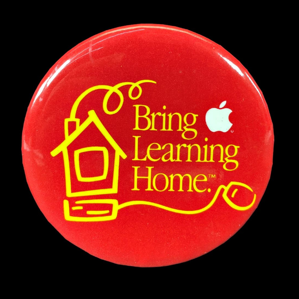 Vintage Apple Computer Red Pinback Pin Bring Learning Home Educational Promo 3"